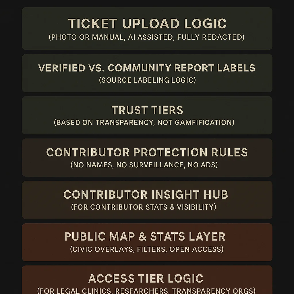 Visual stack showing seven civic platform components: ticket upload logic, report labeling, trust tiers, contributor protection, contributor insight hub, public map and stats layer, and access tier logic.