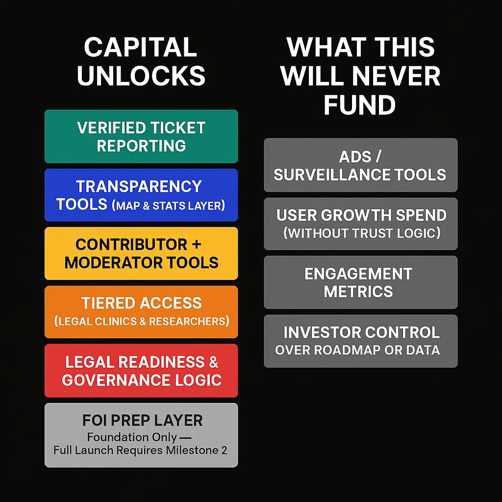 A two-column chart compares what aligned capital will fund versus what it will never fund. On the left, colorful stacked blocks list verified ticket reporting, transparency tools, contributor tools, tiered access, legal governance, and a grayed FOI prep layer. On the right, muted gray blocks list ads, growth spend, engagement metrics, and investor control.