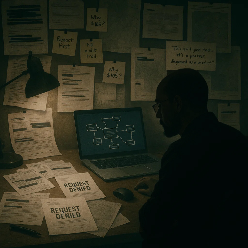 A dimly lit civic workspace shows a bald silhouette with a goatee, representing the founder Warren Leroux, seated at a cluttered desk, surrounded by redacted tickets, FOI denials, and city maps. The wall behind is filled with blurred documents and protest notes. The scene reflects frustration, structure, and solitary civic resistance