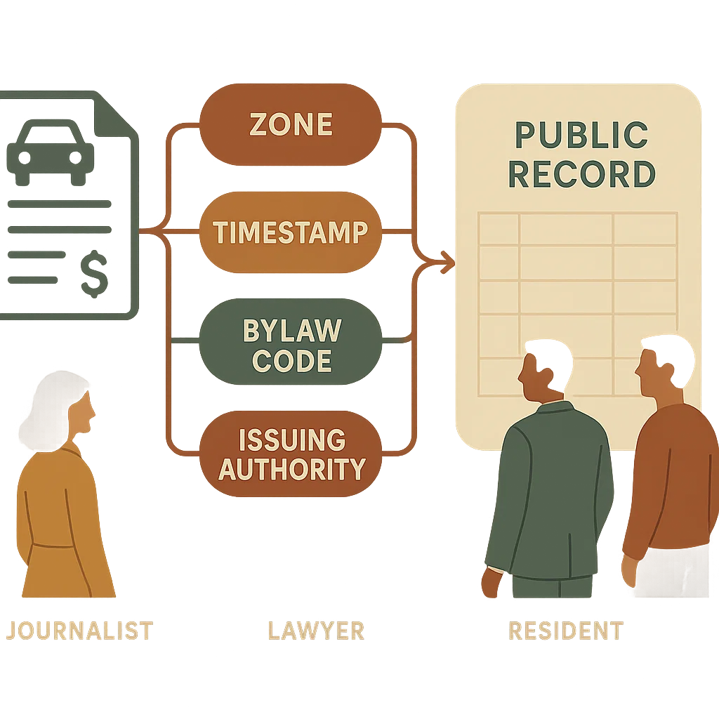 Diagram showing a traffic ticket transforming into public record through extracted fields like zone, timestamp, bylaw code, and issuing authority, with silhouettes of a journalist, lawyer, and resident accessing the data.
