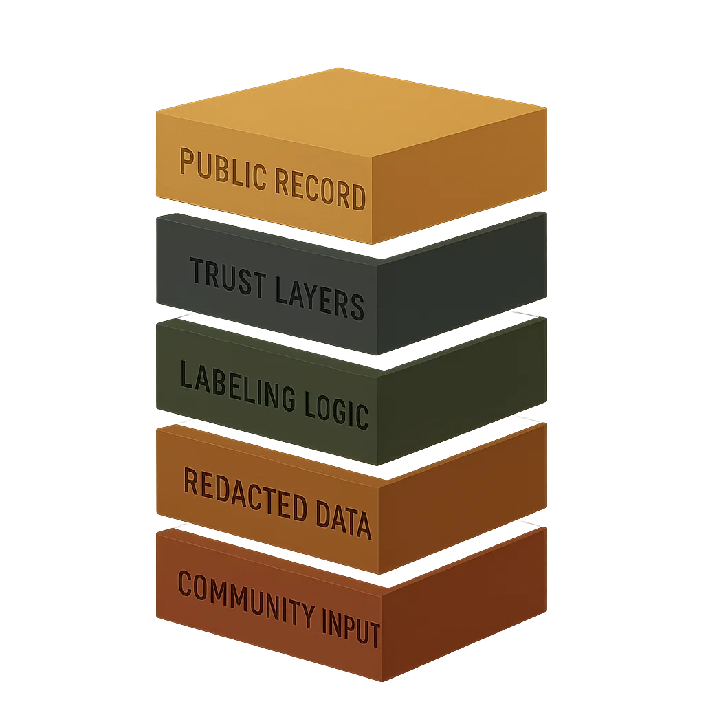 Three people reviewing and contributing to a shared civic archive, symbolizing public transparency and collaborative oversight.