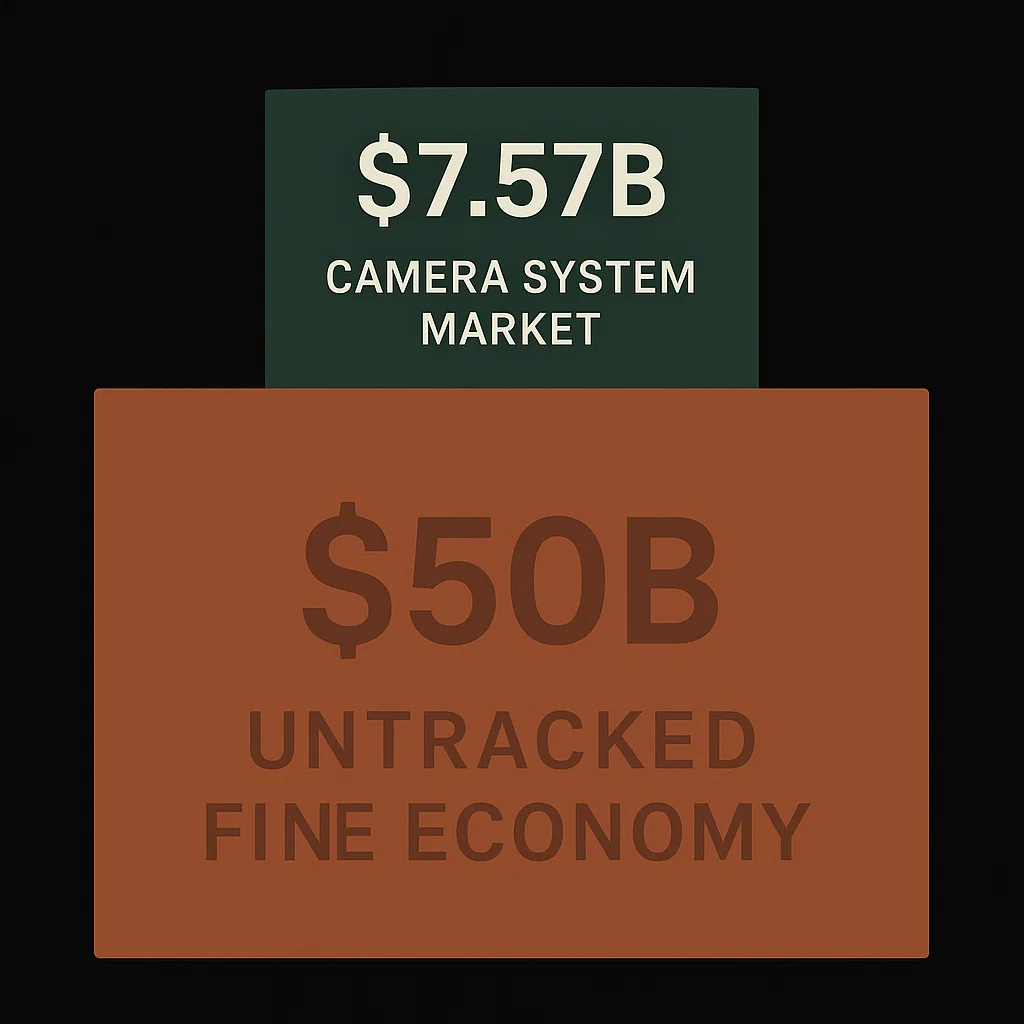 Two stacked blocks representing economic layers: a small labeled $7.57B “Camera System Market” above a large, blurred $50B “Untracked Fine Economy.”