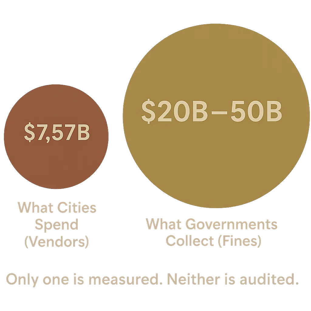Two side-by-side circles comparing economic scale: a small $7.57B vendor market bubble and a much larger $20B–$50B fine revenue bubble.