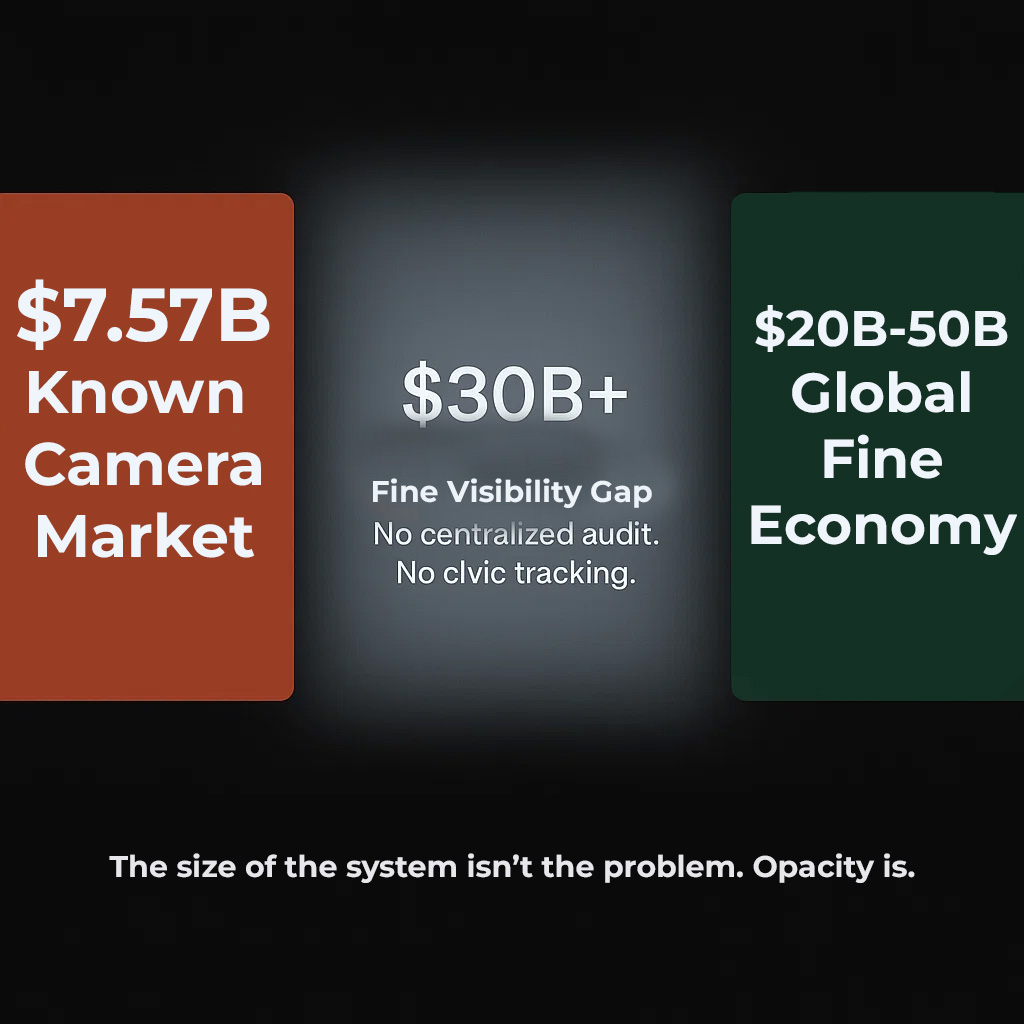 A horizontal visual showing three blocks: a small $7.57B camera market, a hazy $30B visibility gap, and a large $20–50B fine revenue block — highlighting the global audit failure.