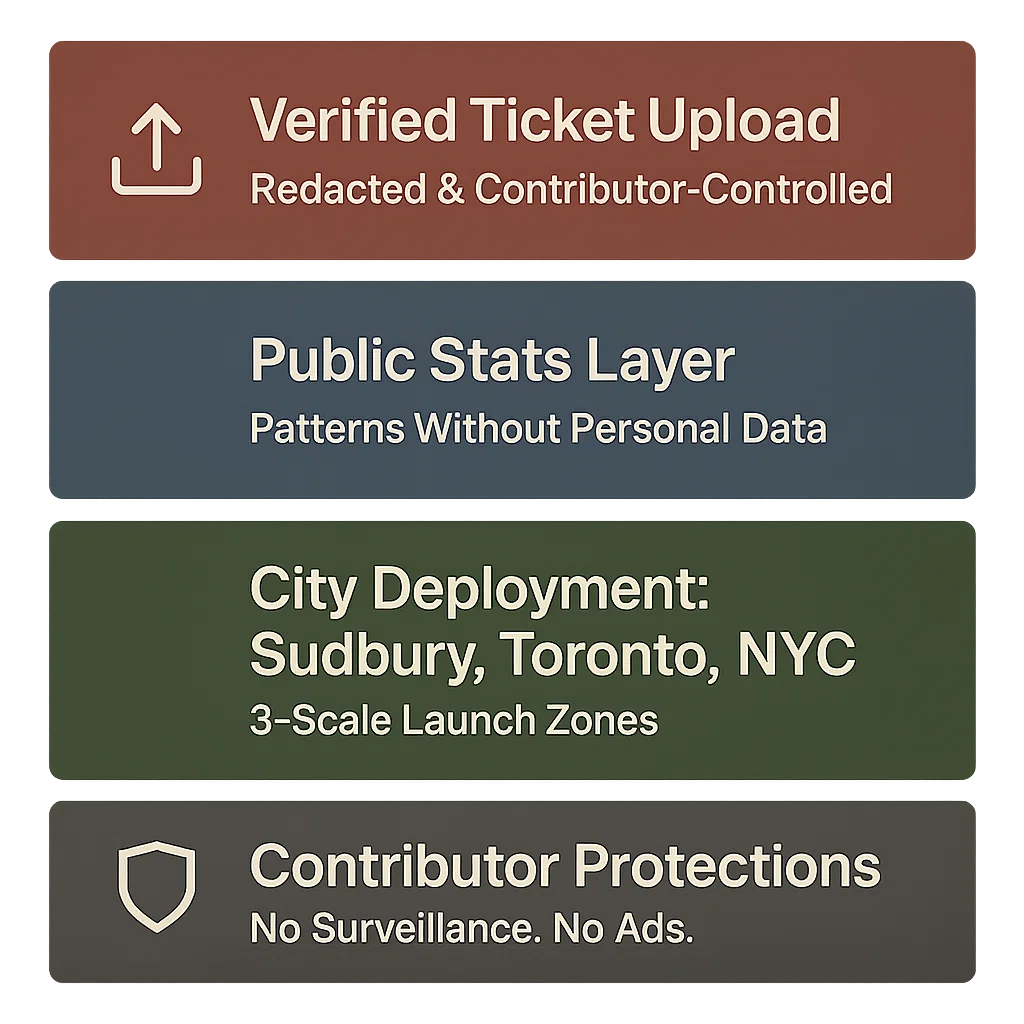 A block diagram showing the components of Milestone 1: verified ticket upload, public stats, city deployment, and contributor protections.