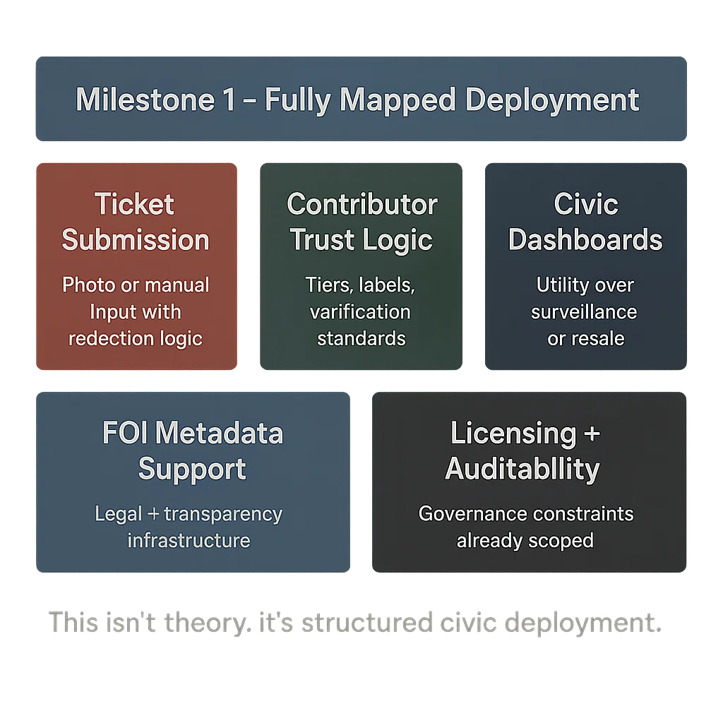 A block layout showing five fully mapped components of Milestone 1: ticket submission, contributor logic, dashboards, FOI tooling, and licensing.