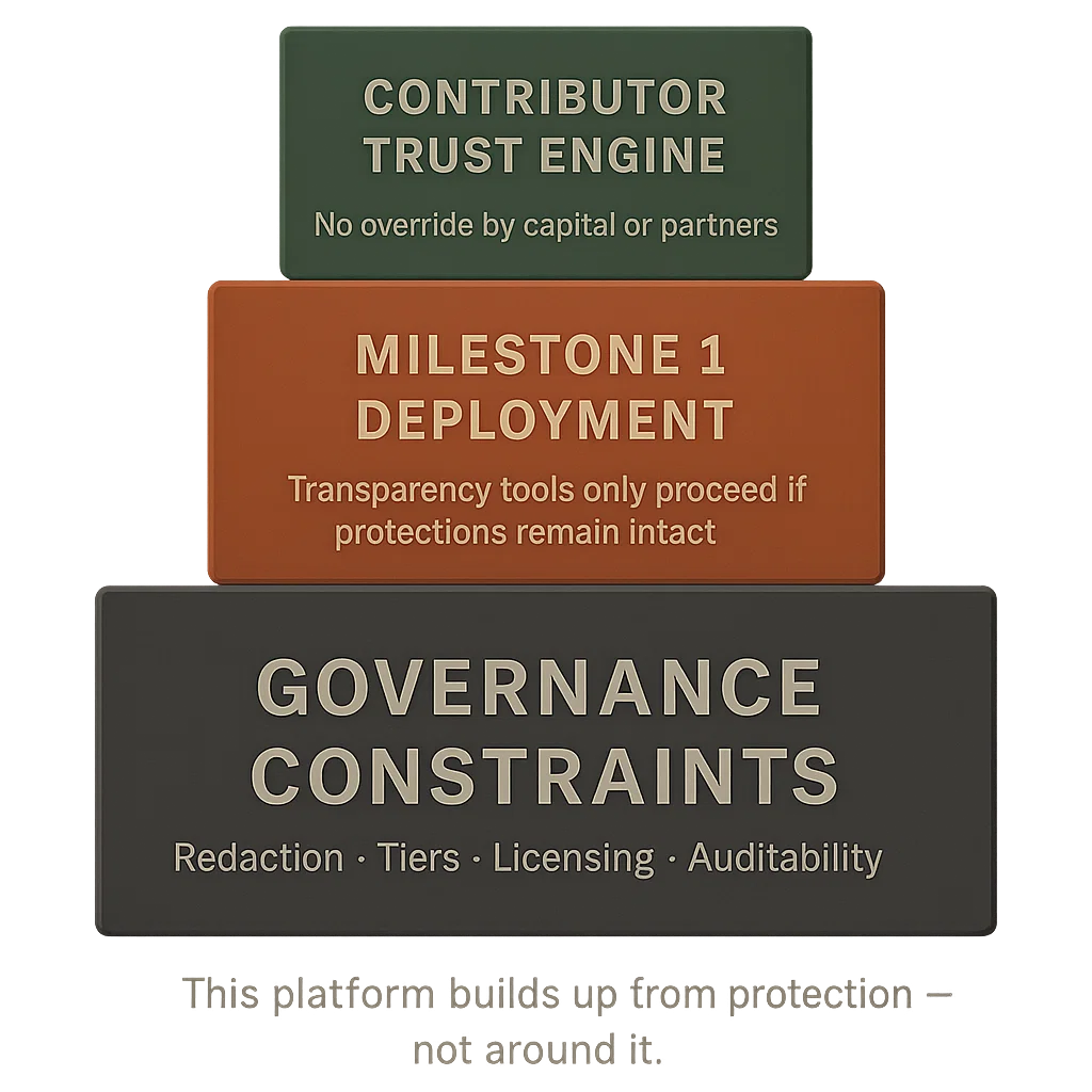A civic block stack showing governance constraints as the foundation beneath Milestone 1 and contributor trust systems