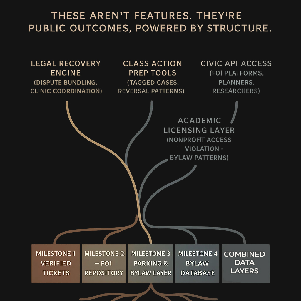 A structural diagram showing milestone blocks at the base, with civic tools like legal recovery and public APIs branching upward as outcomes.