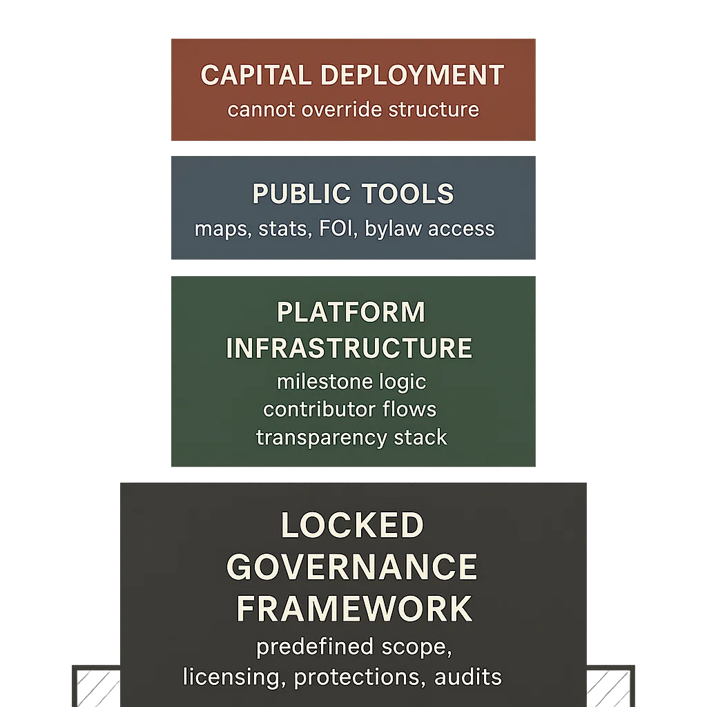 A vertical schematic showing capital and public tools sitting above a foundational governance layer labeled with licensing, audit, and protection terms.