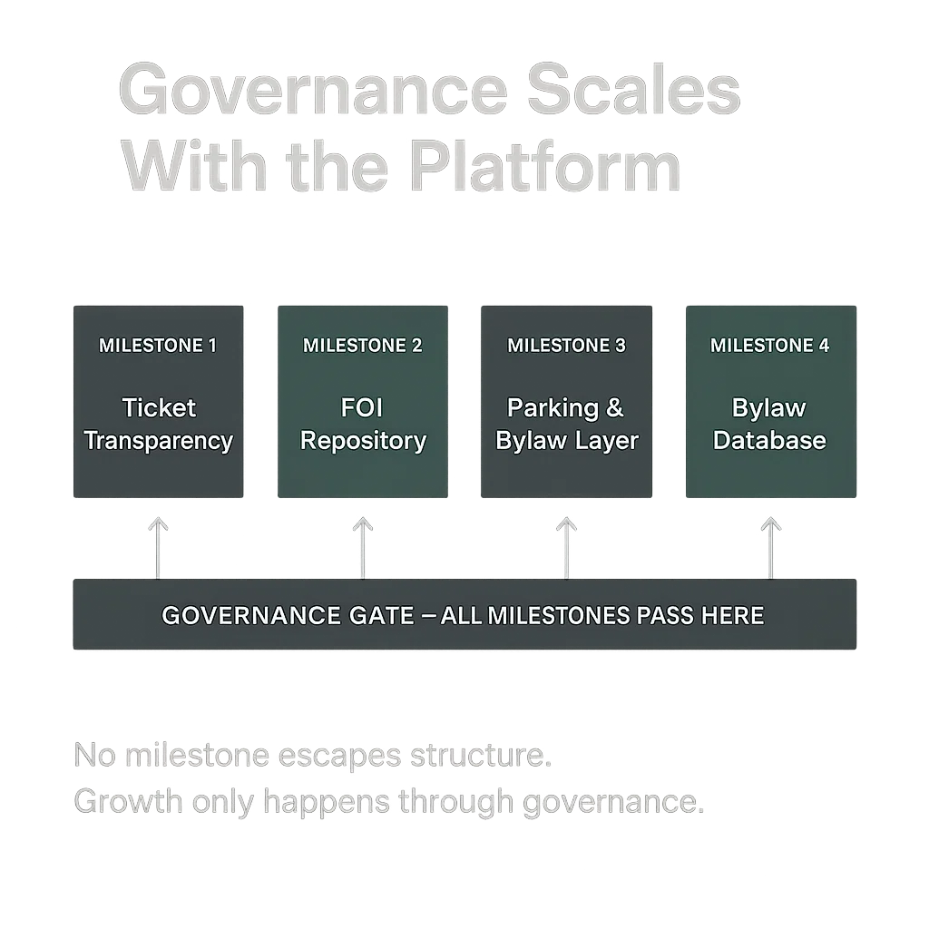 A horizontal diagram showing four milestones advancing only through a shared governance gate