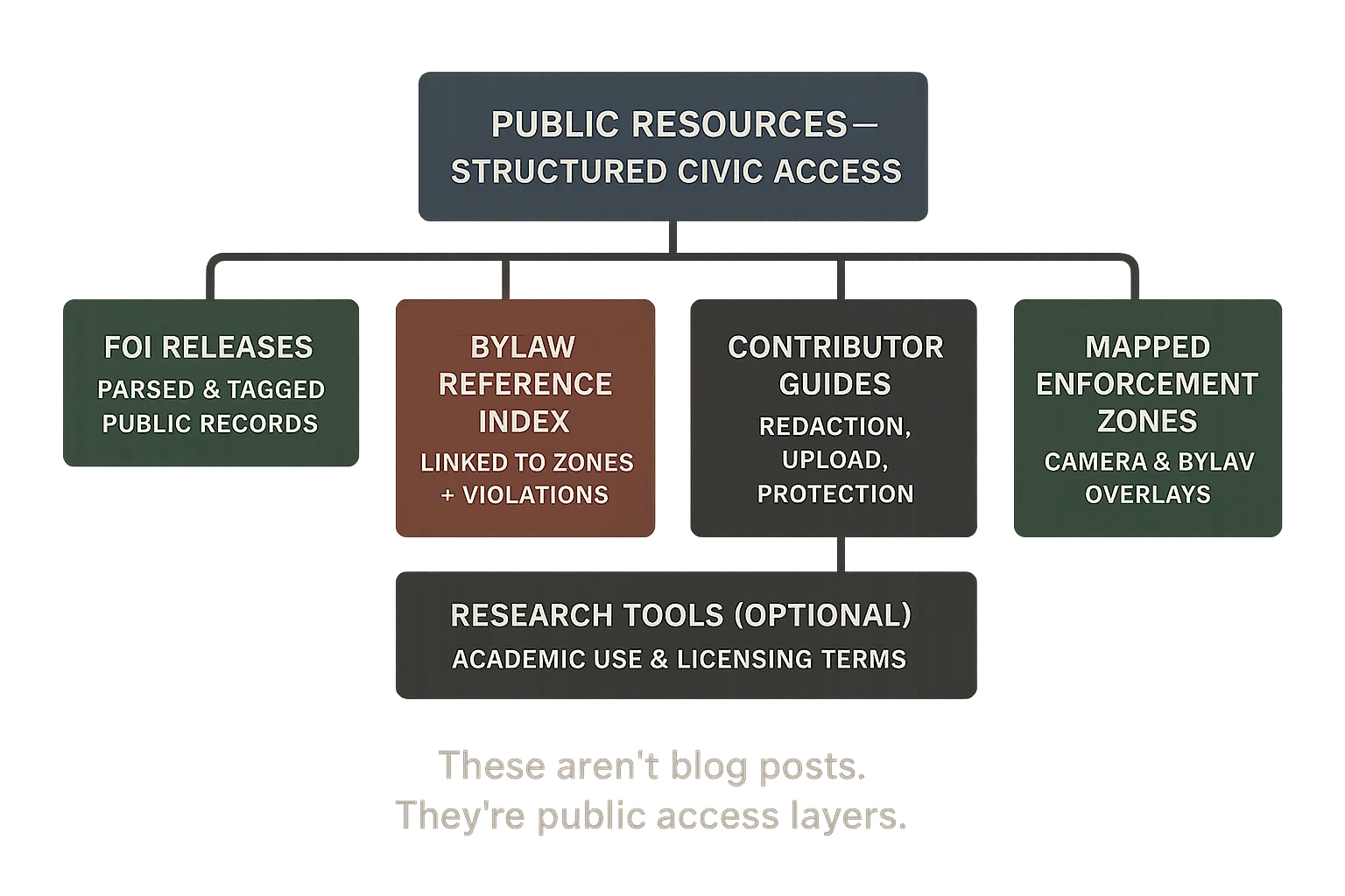 A structured schematic showing categorized public resources like FOI records, bylaws, contributor guides, and enforcement maps.